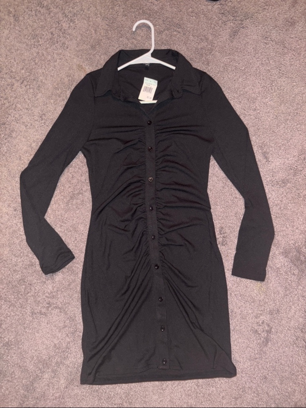 Women's Black Button-Front Ruched Shirt Dress